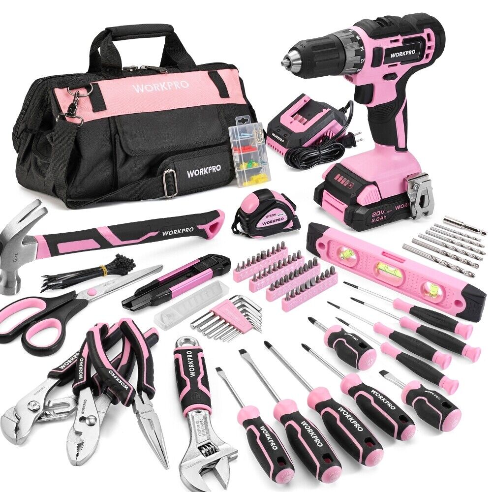 WORKPRO Pink Drill Set with UPGRADED Tool Bag 157PCS w/20V Cordless Drill Driver