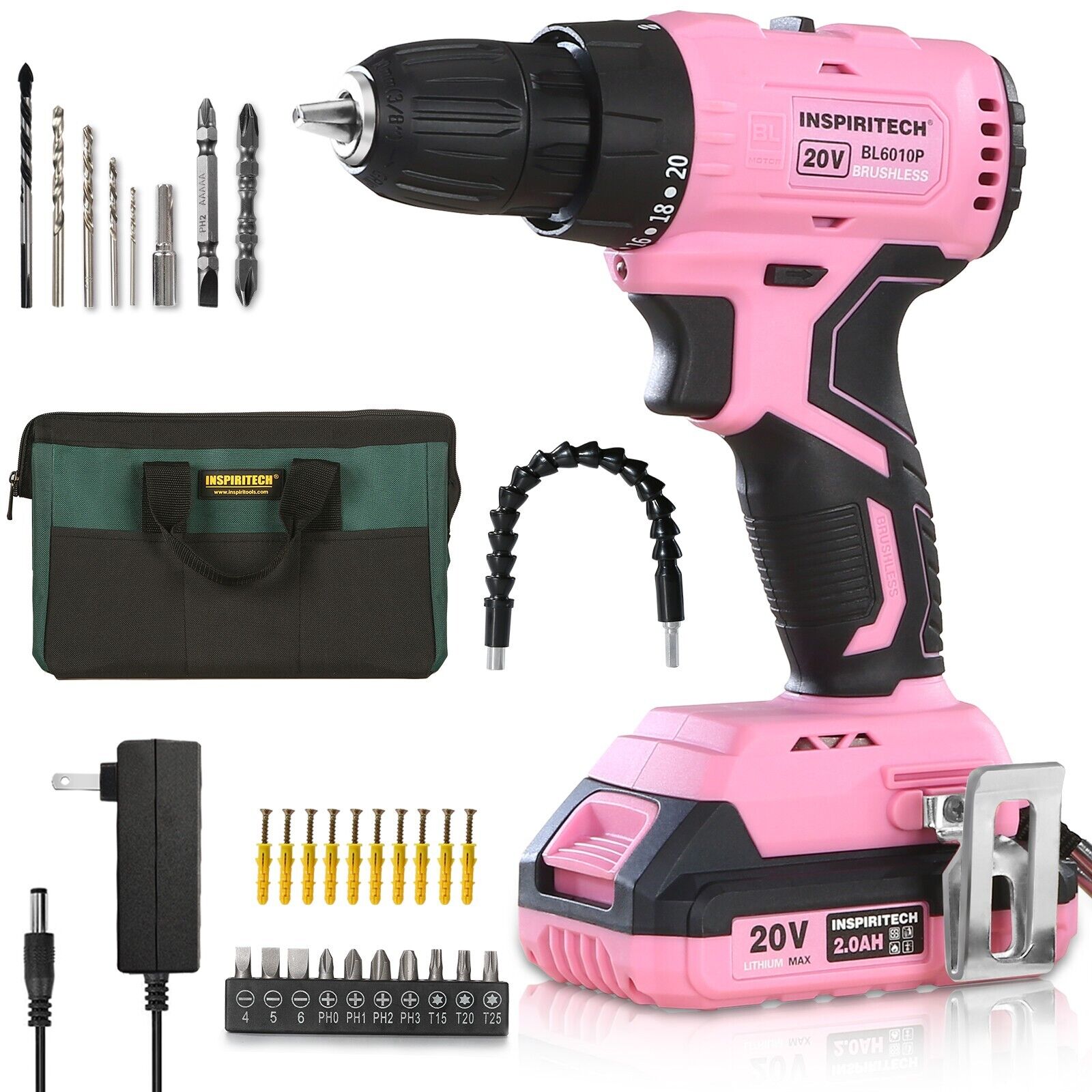 Pink Power 20Volt drill 2 Speed Electric Cordless Drill/Driver with Bits Set