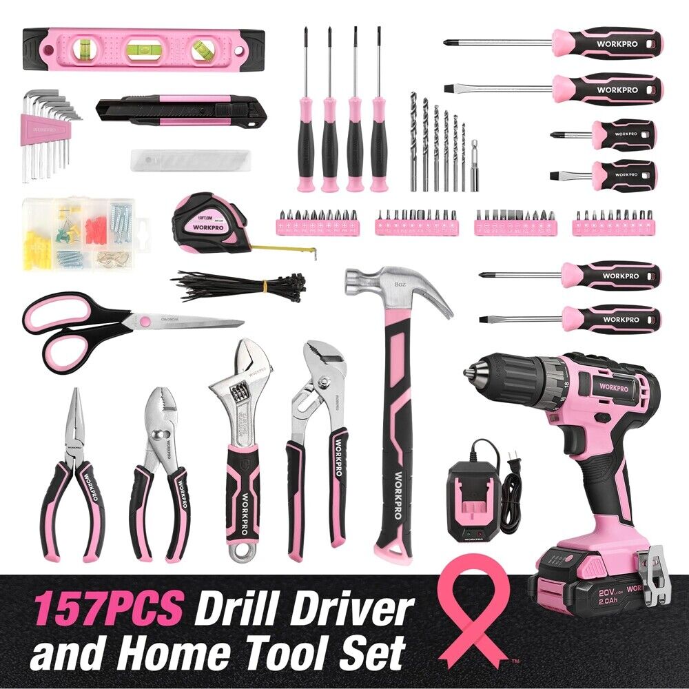 WORKPRO Pink Drill Set with UPGRADED Tool Bag 157PCS w/20V Cordless Drill Driver