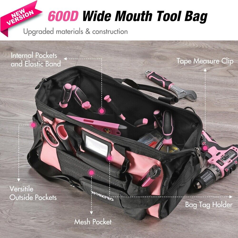 WORKPRO Pink Drill Set with UPGRADED Tool Bag 157PCS w/20V Cordless Drill Driver
