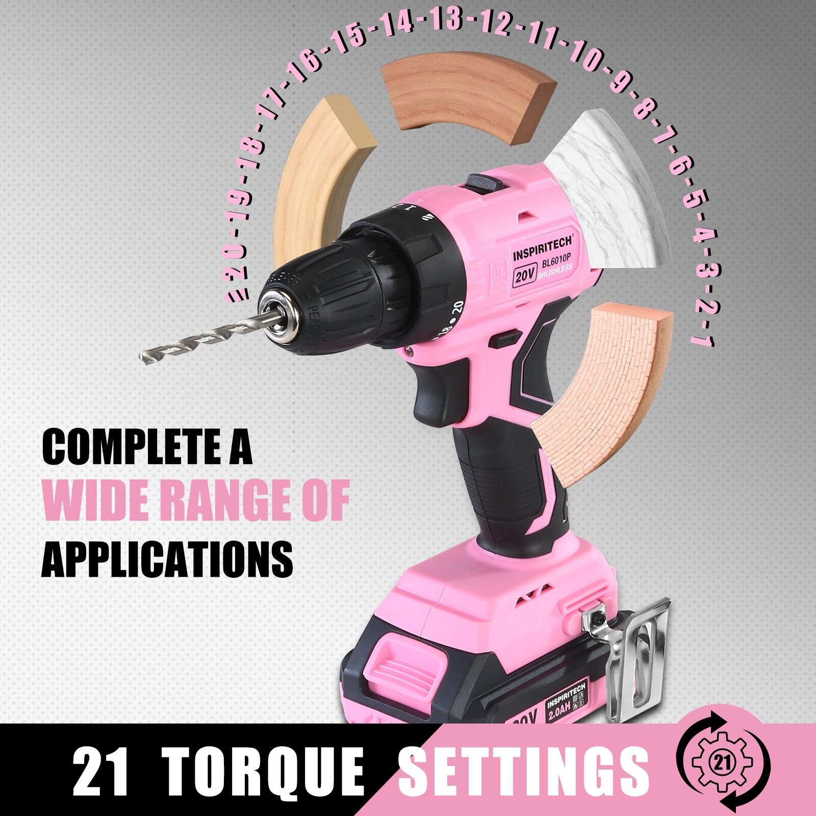 Pink Power 20Volt drill 2 Speed Electric Cordless Drill/Driver with Bits Set