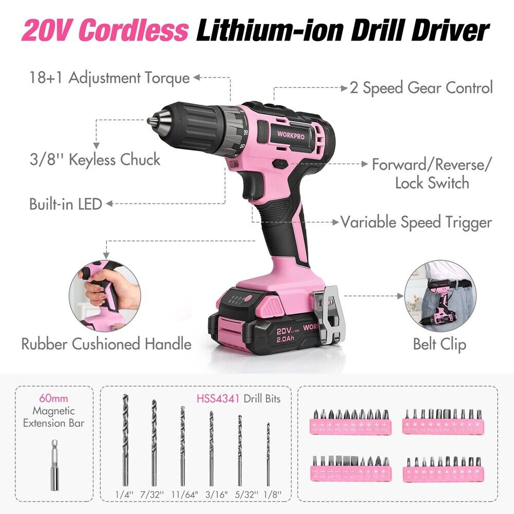 WORKPRO Pink Drill Set with UPGRADED Tool Bag 157PCS w/20V Cordless Drill Driver