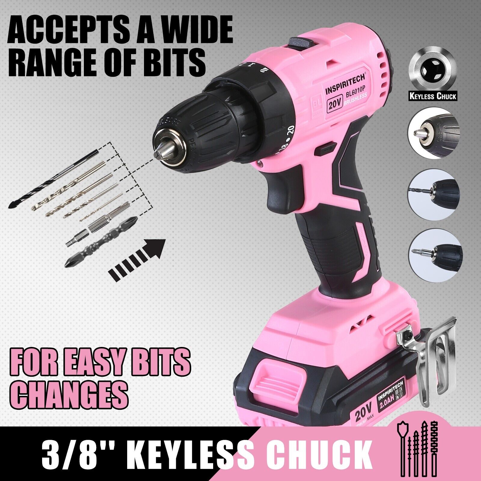 Pink Power 20Volt drill 2 Speed Electric Cordless Drill/Driver with Bits Set