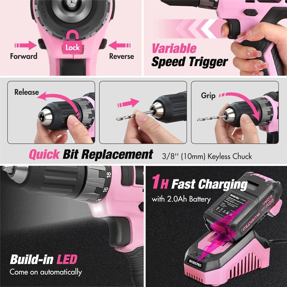 WORKPRO Pink Drill Set with UPGRADED Tool Bag 157PCS w/20V Cordless Drill Driver