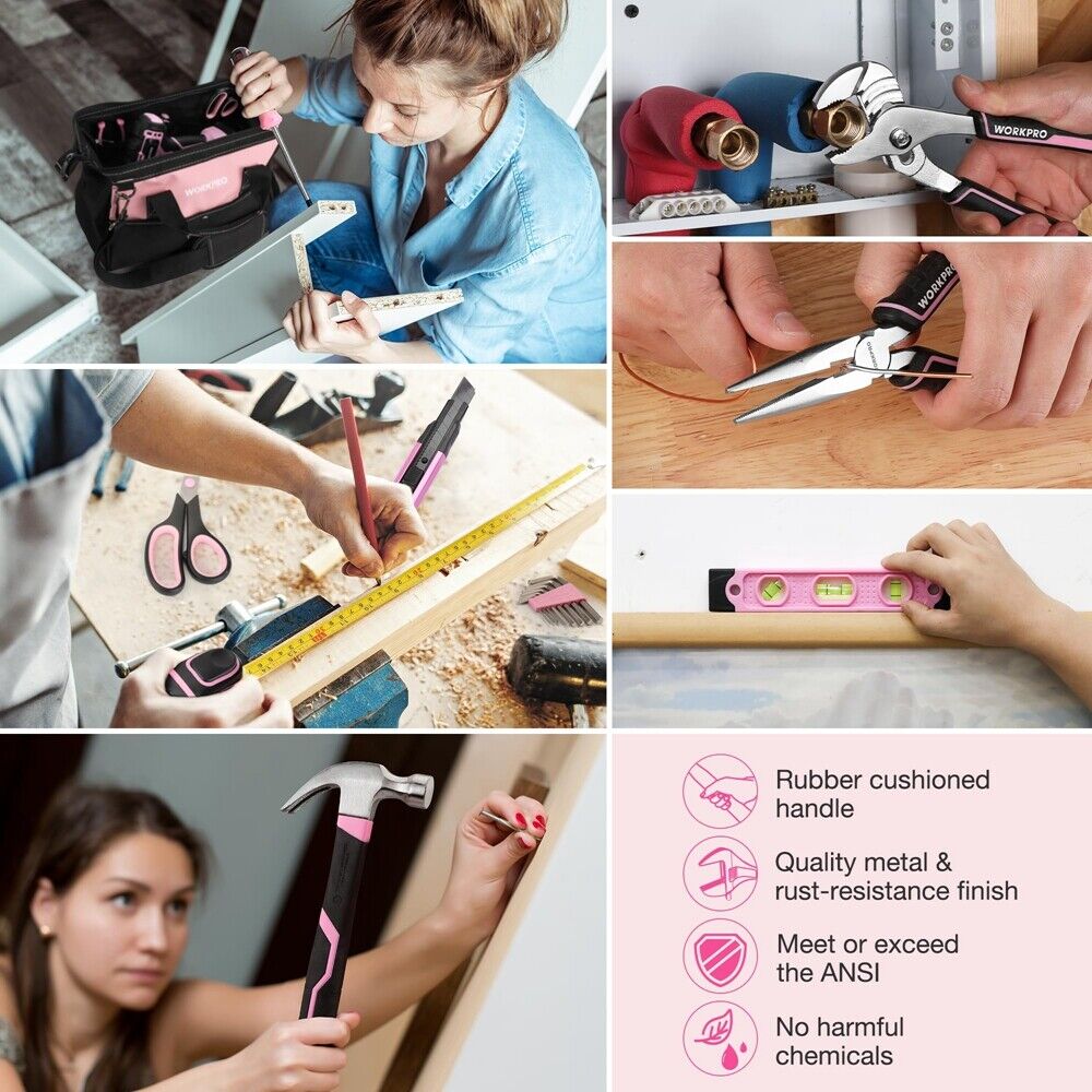 WORKPRO Pink Drill Set with UPGRADED Tool Bag 157PCS w/20V Cordless Drill Driver