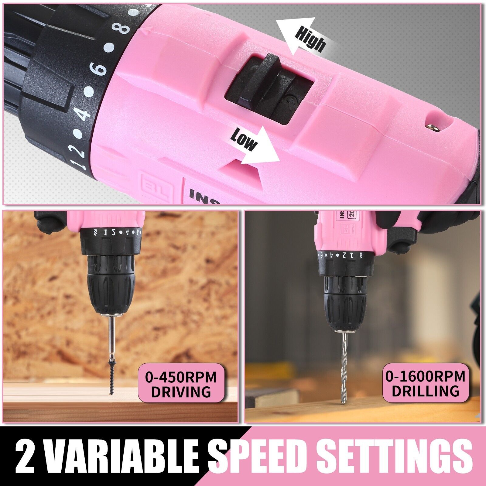 Pink Power 20Volt drill 2 Speed Electric Cordless Drill/Driver with Bits Set