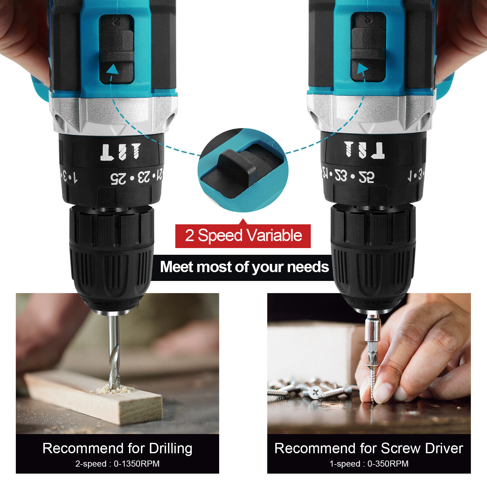 21V Electric Drill Tool Cordless Screwdriver Drill Set w/ 2 Battery for Makita