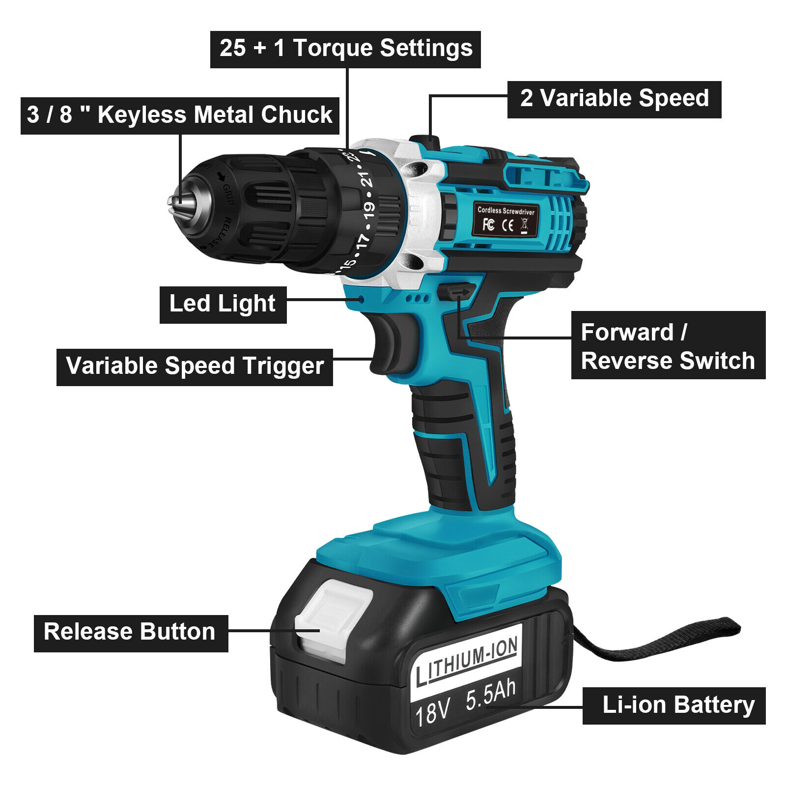21V Electric Drill Tool Cordless Screwdriver Drill Set w/ 2 Battery for Makita