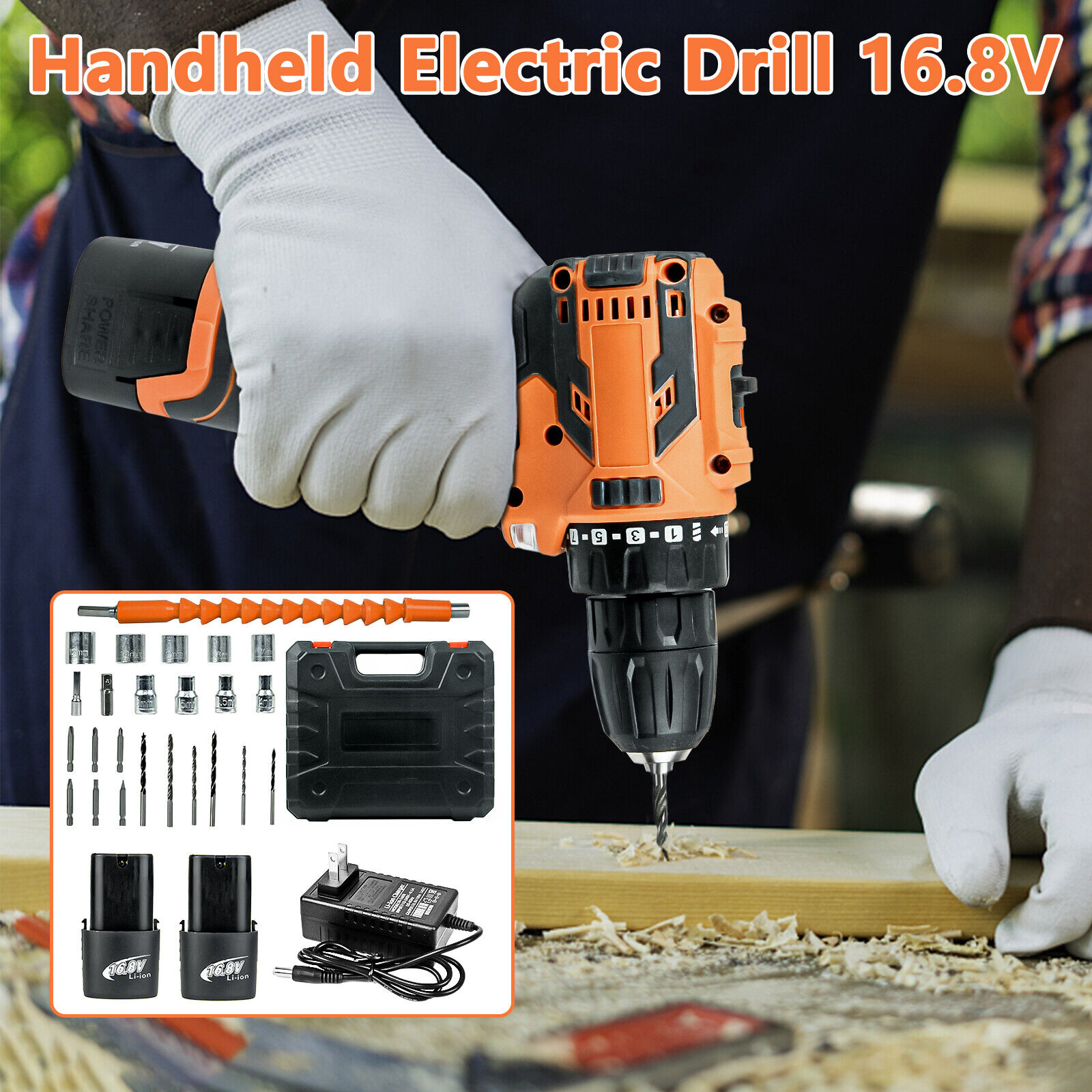 16.8 Volt Drill 2 Speed Electric Cordless Drill/Driver With Bits Set & 2 Battery