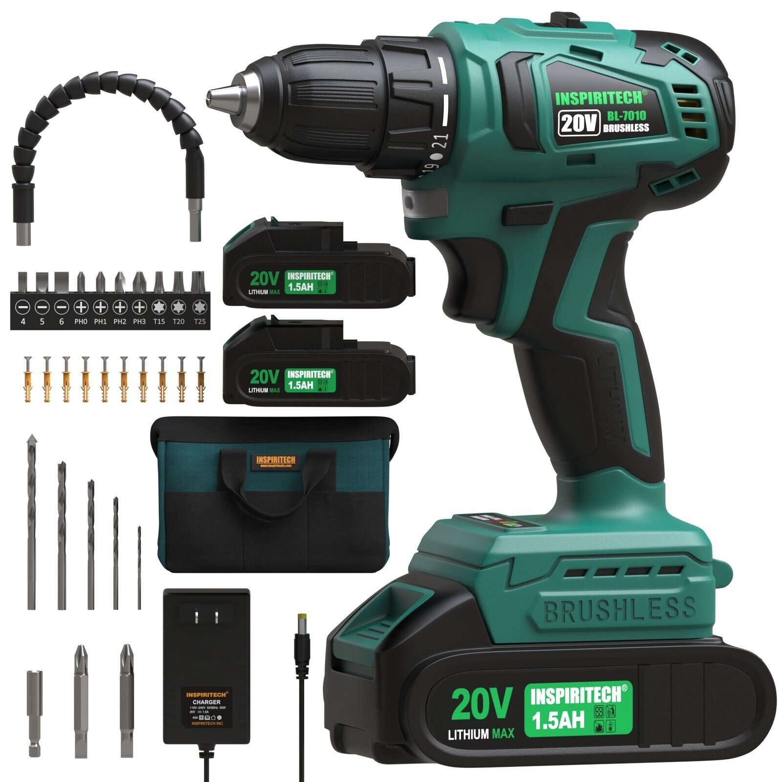 20V Cordless Drill Brushless Power Drill Set with 2 Batteries Eletric Drill