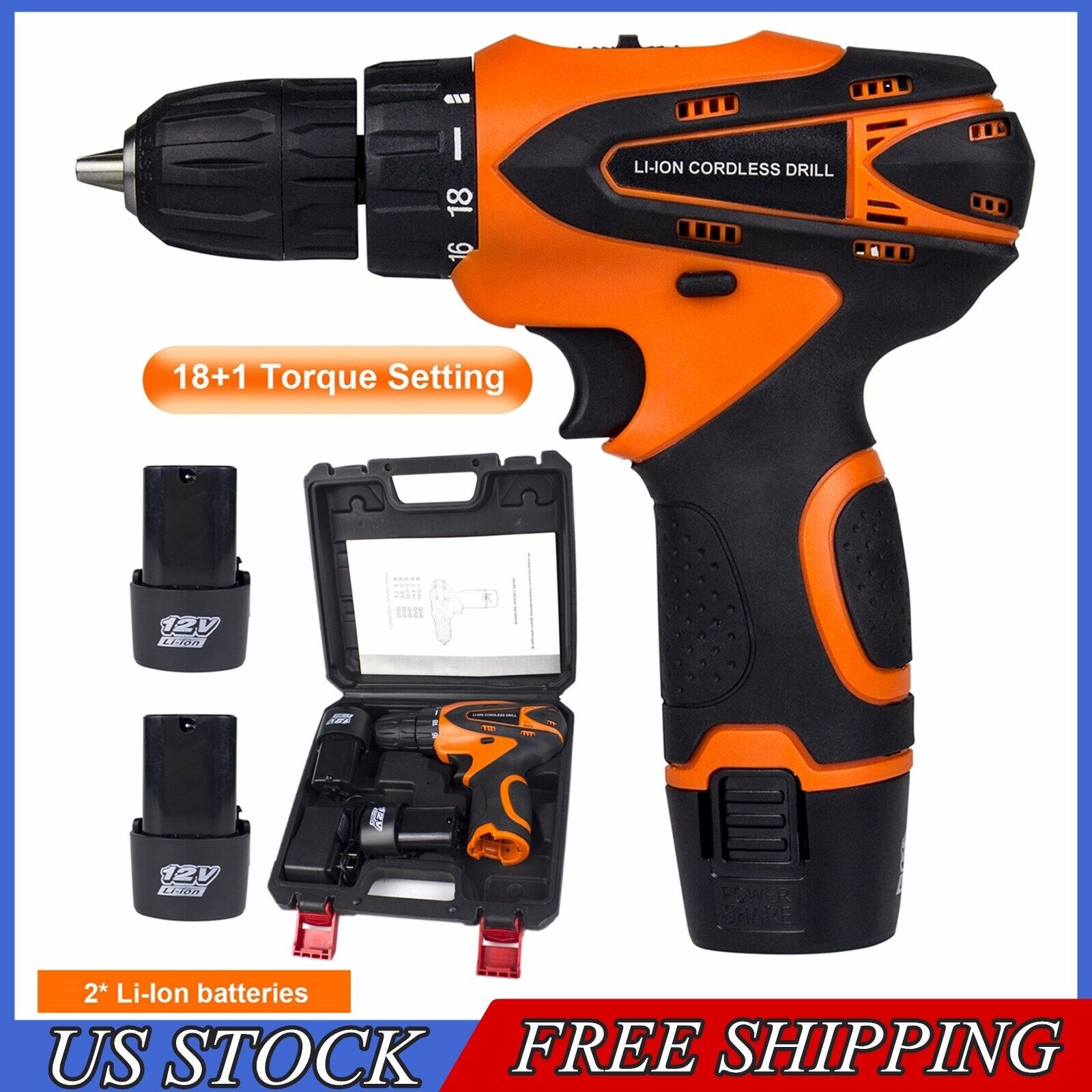 12V Cordless Drill 3/8” Electric Screwdriver Mini Wireless Power Driver Tool Set