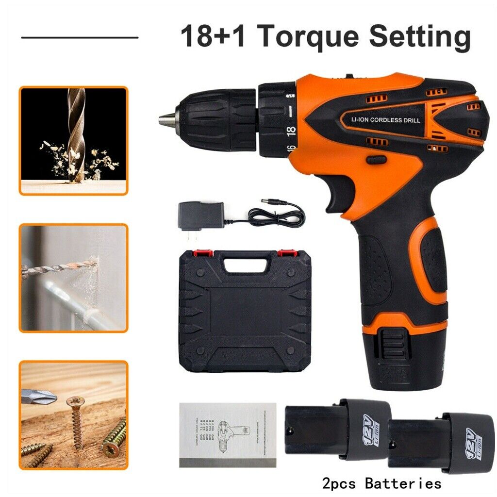 12V Cordless Drill 3/8” Electric Screwdriver Mini Wireless Power Driver Tool Set