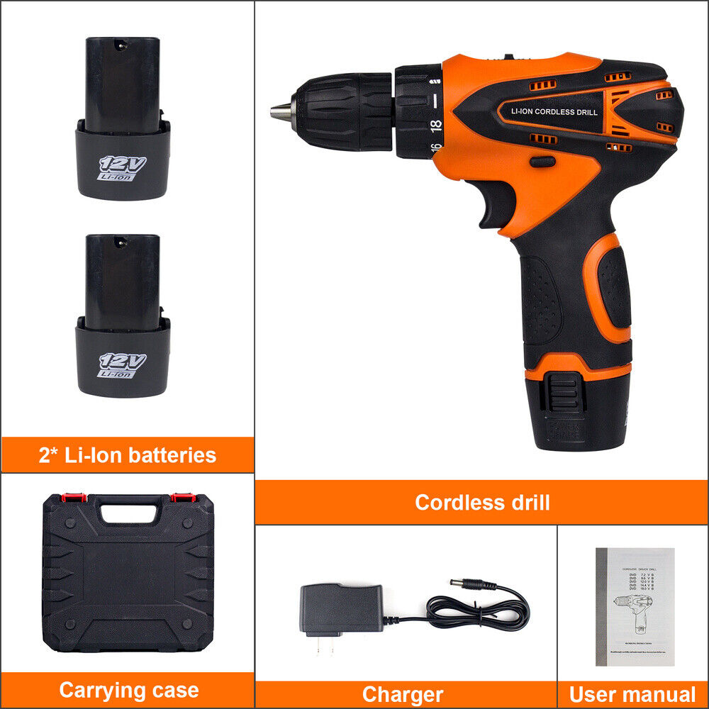 12V Cordless Drill 3/8” Electric Screwdriver Mini Wireless Power Driver Tool Set