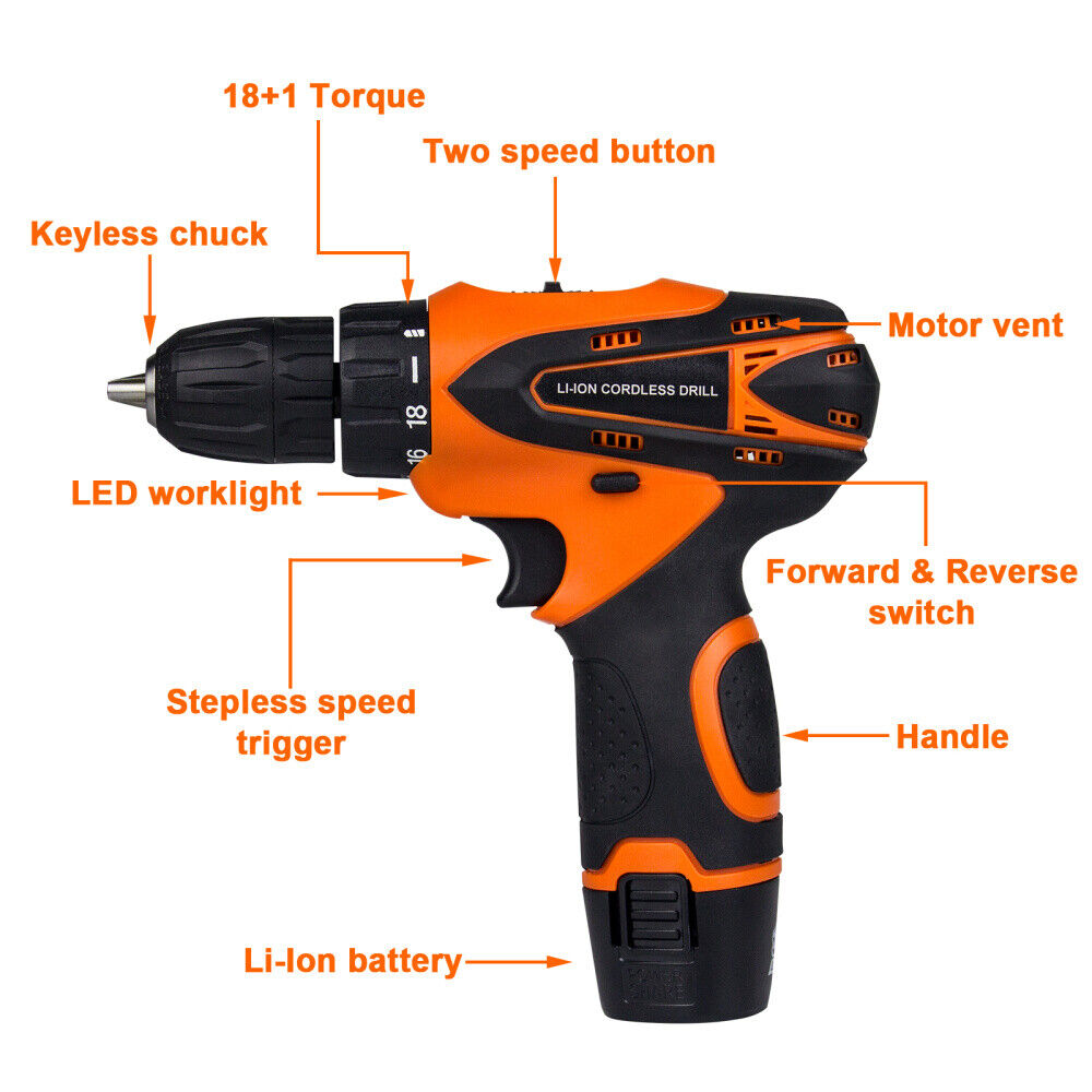 12V Cordless Drill 3/8” Electric Screwdriver Mini Wireless Power Driver Tool Set