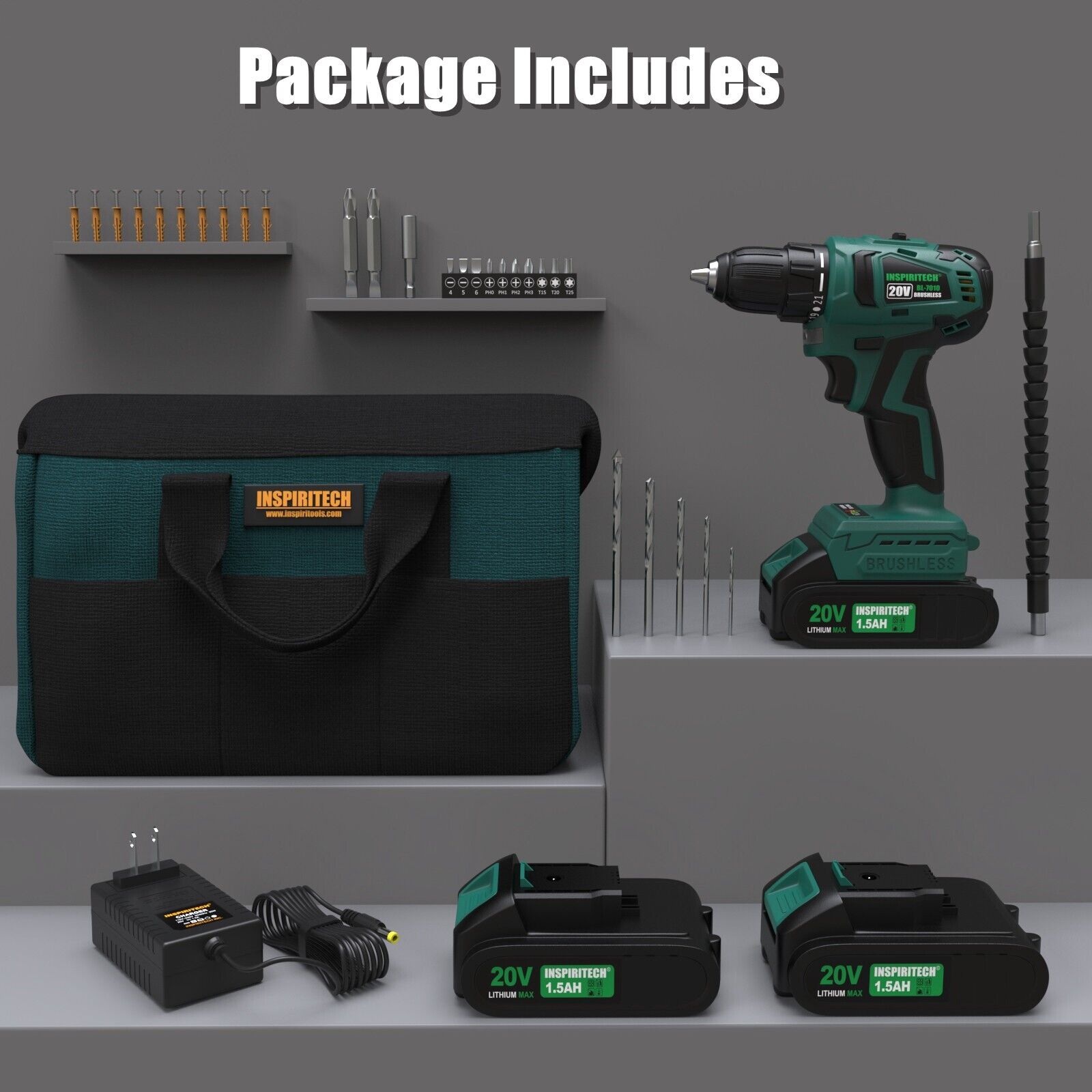 20V Cordless Drill Brushless Power Drill Set with 2 Batteries Eletric Drill
