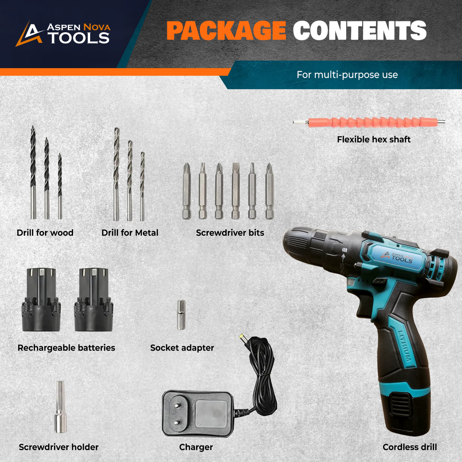 Power Drill Set - 12V Drill/Driver Kit with Bits, 180 in-lbs Max Torque Motor