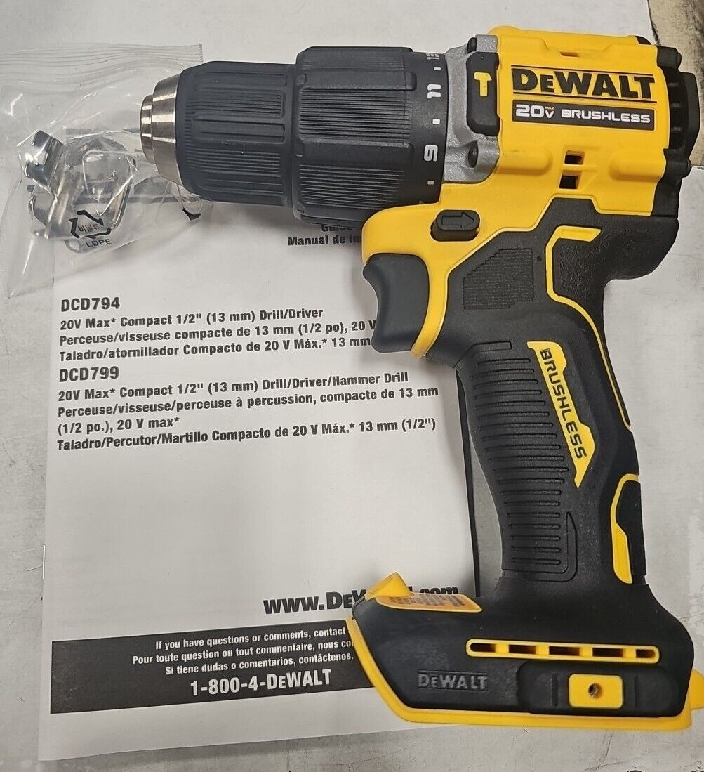 DEWALT DCD799 ATOMIC 20V MAX Brushless 1/2” Hammer Drill Tool-Only New FREE SHIP
