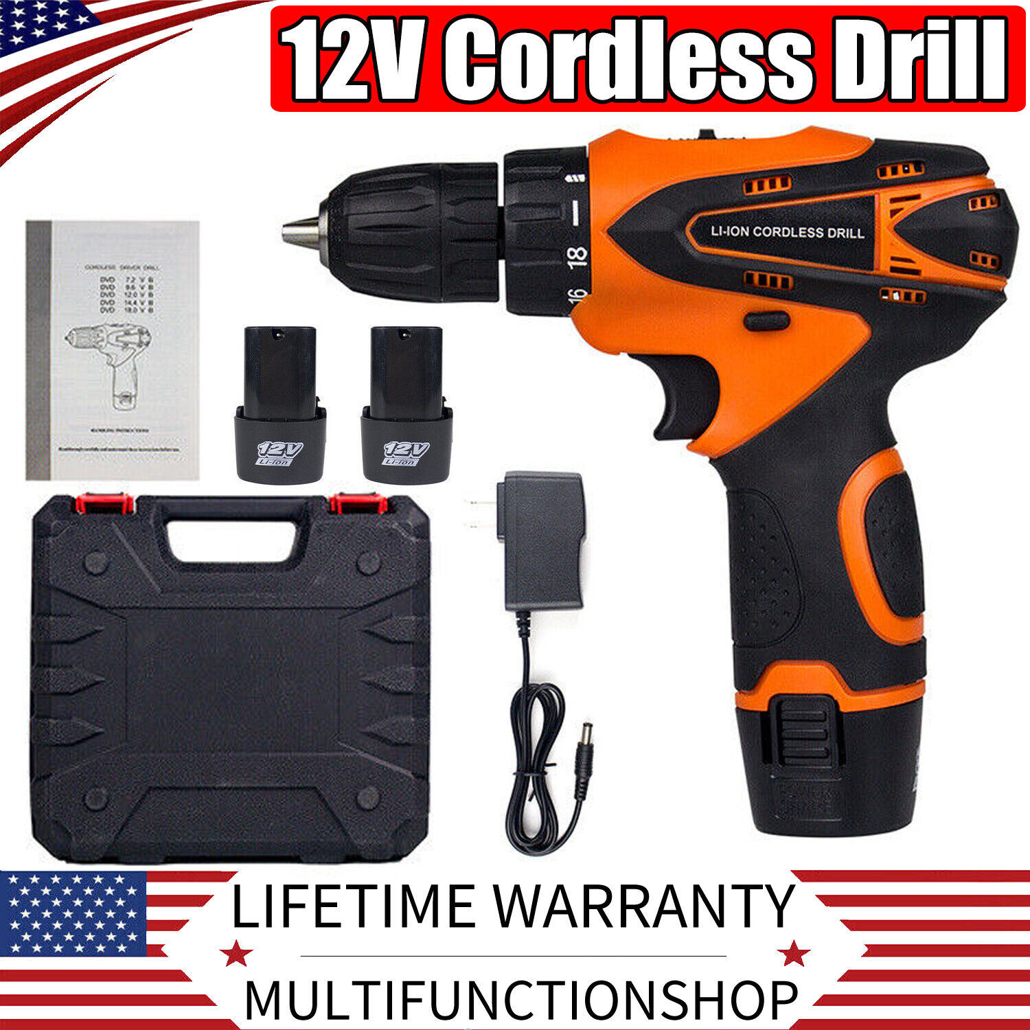 Electric 3/8" Cordless Drill 12V Electric Drill Combo Set with Battery & Charger