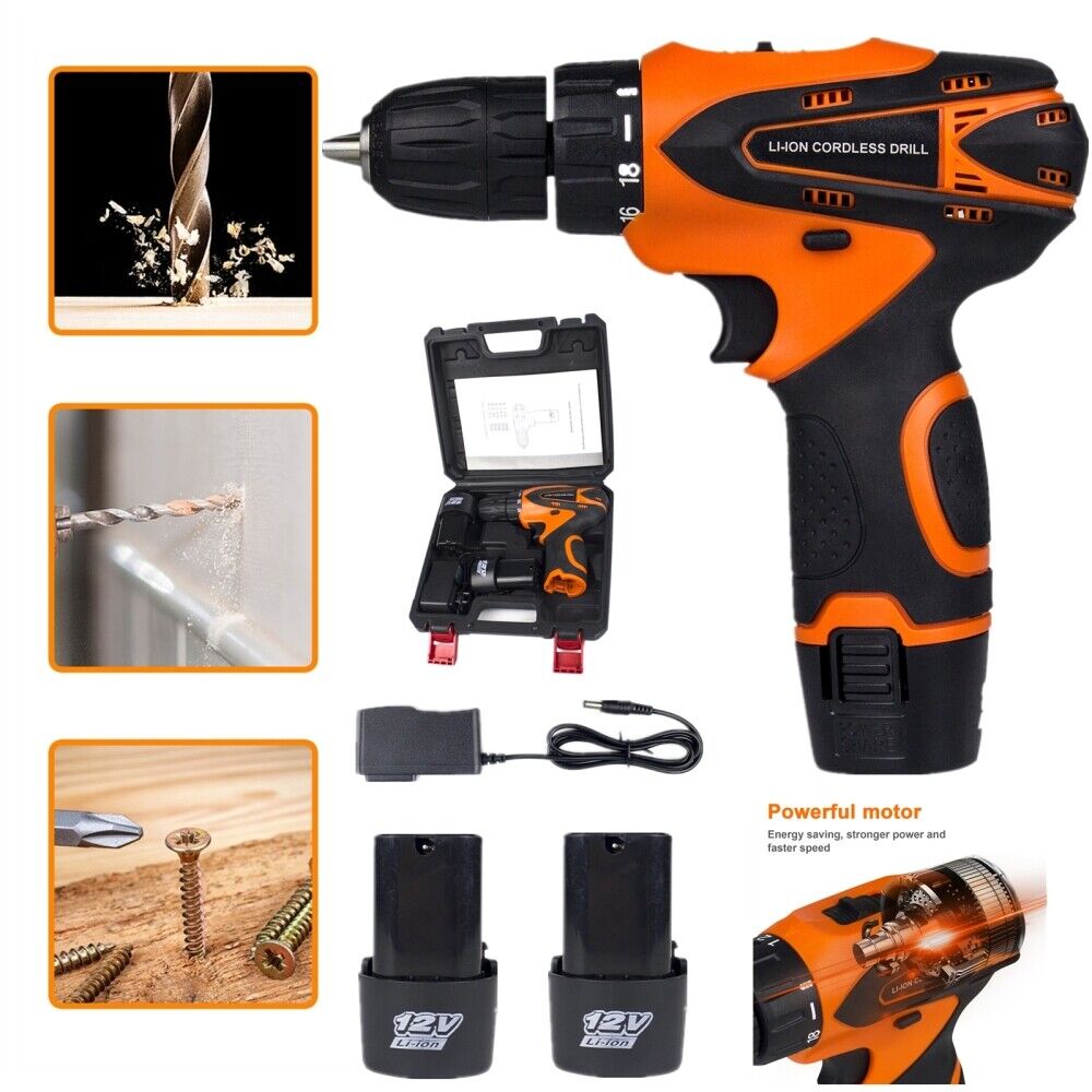 Electric 3/8" Cordless Drill 12V Electric Drill Combo Set with Battery & Charger