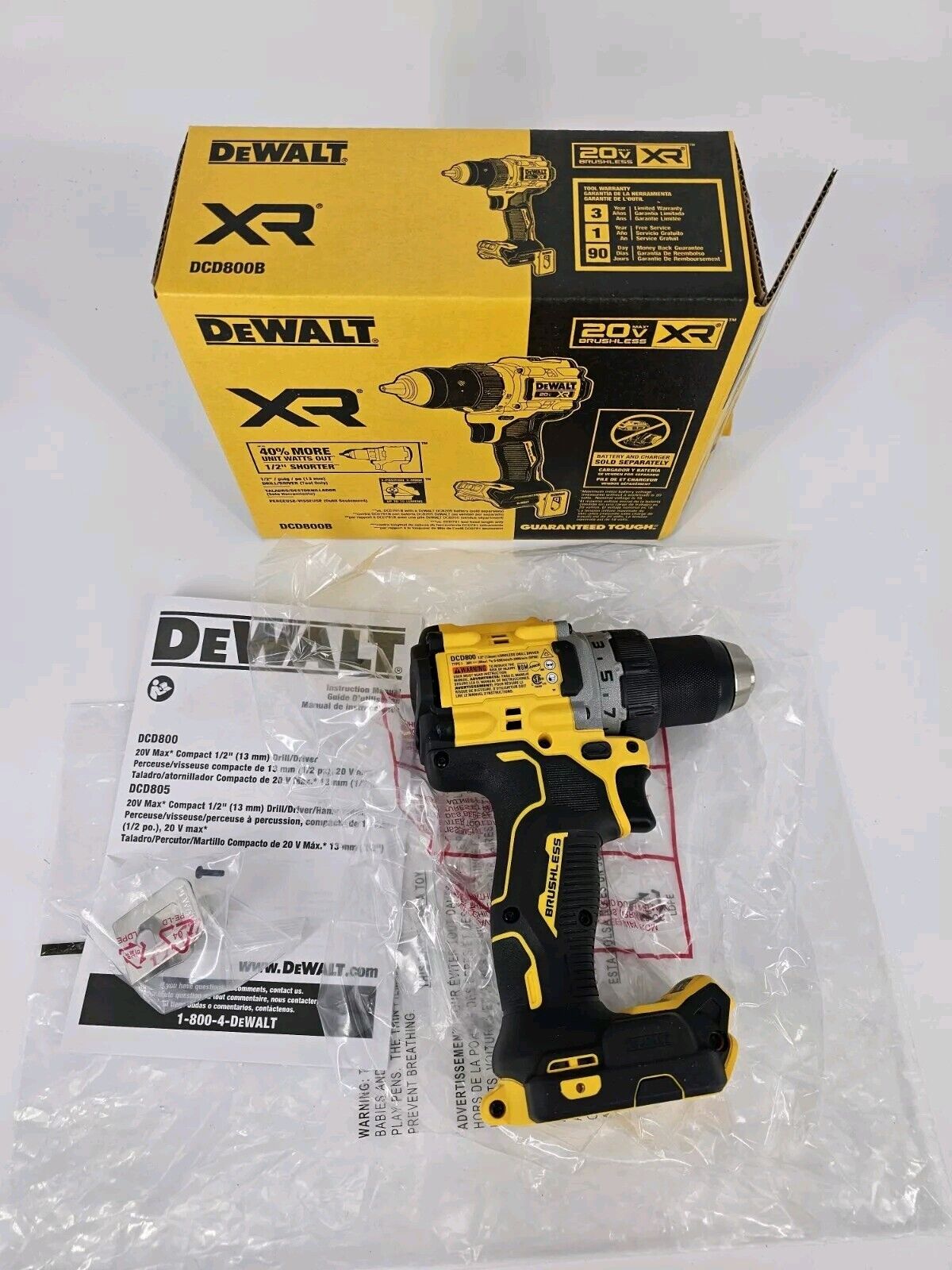 DEWALT DCD800B 20V MAX XR Brushless Li-Ion 1/2" Cordless Drill/Driver (Tool...
