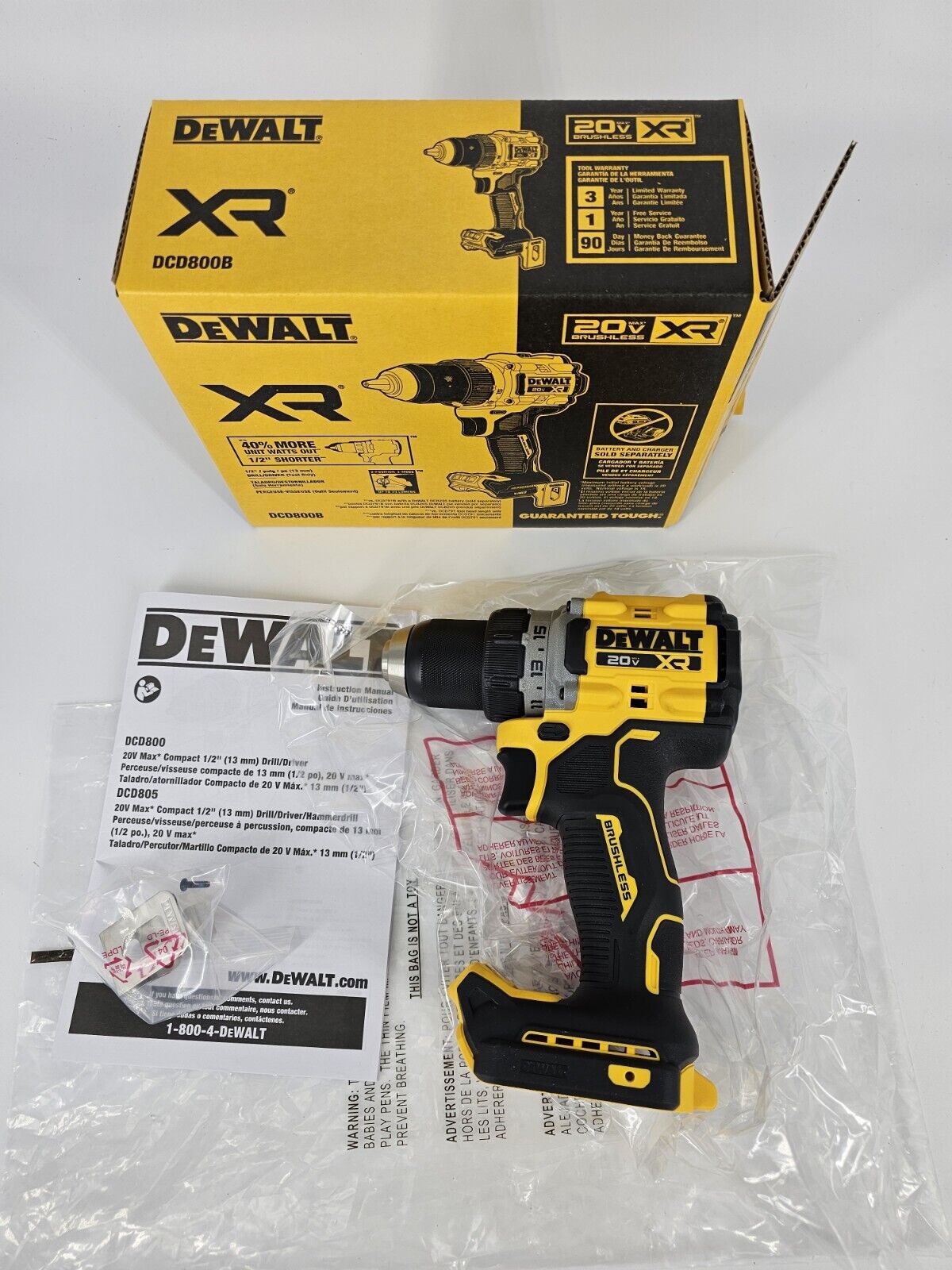 DEWALT DCD800B 20V MAX XR Brushless Li-Ion 1/2" Cordless Drill/Driver (Tool...
