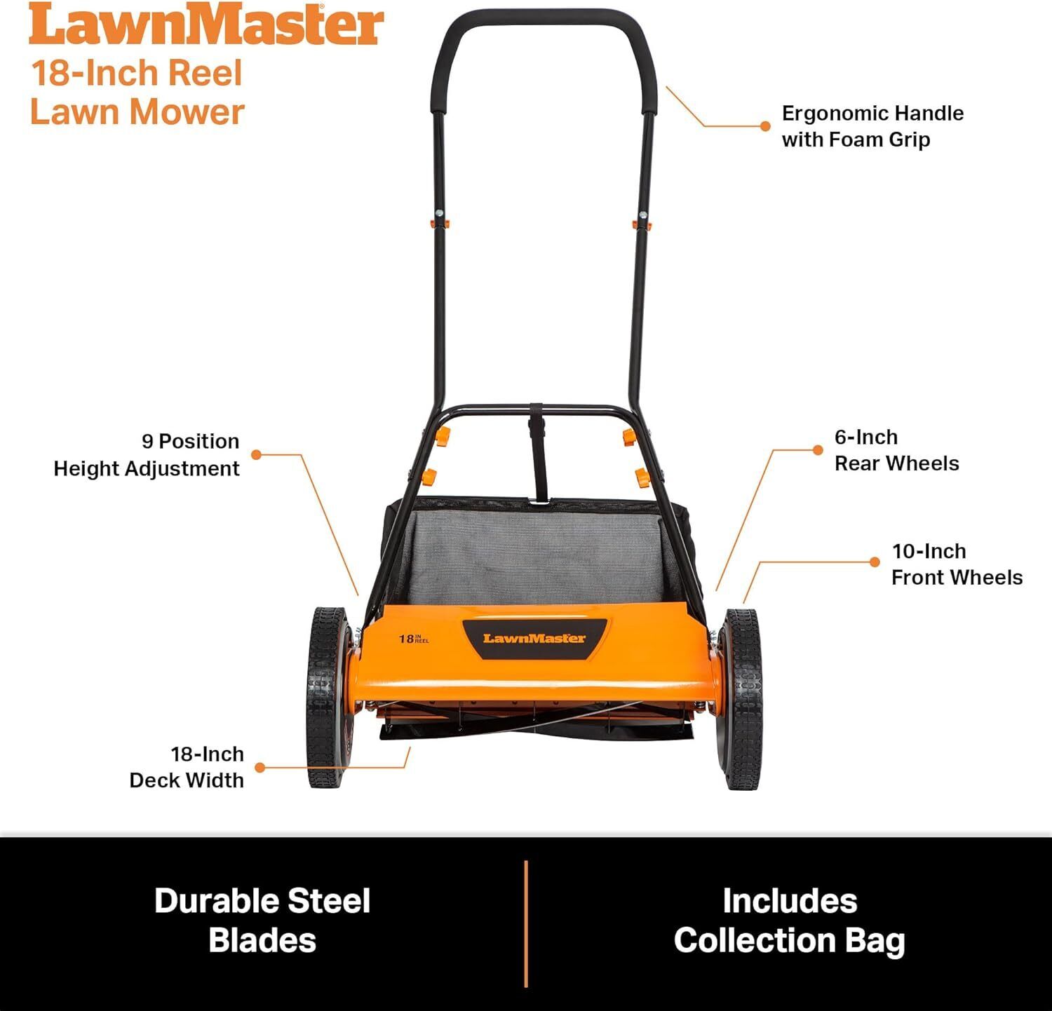 Orange 18-Inch 5-Blade Push Reel Lawn Mower Self-propelled 24.6"x 10.62"x 18.11"