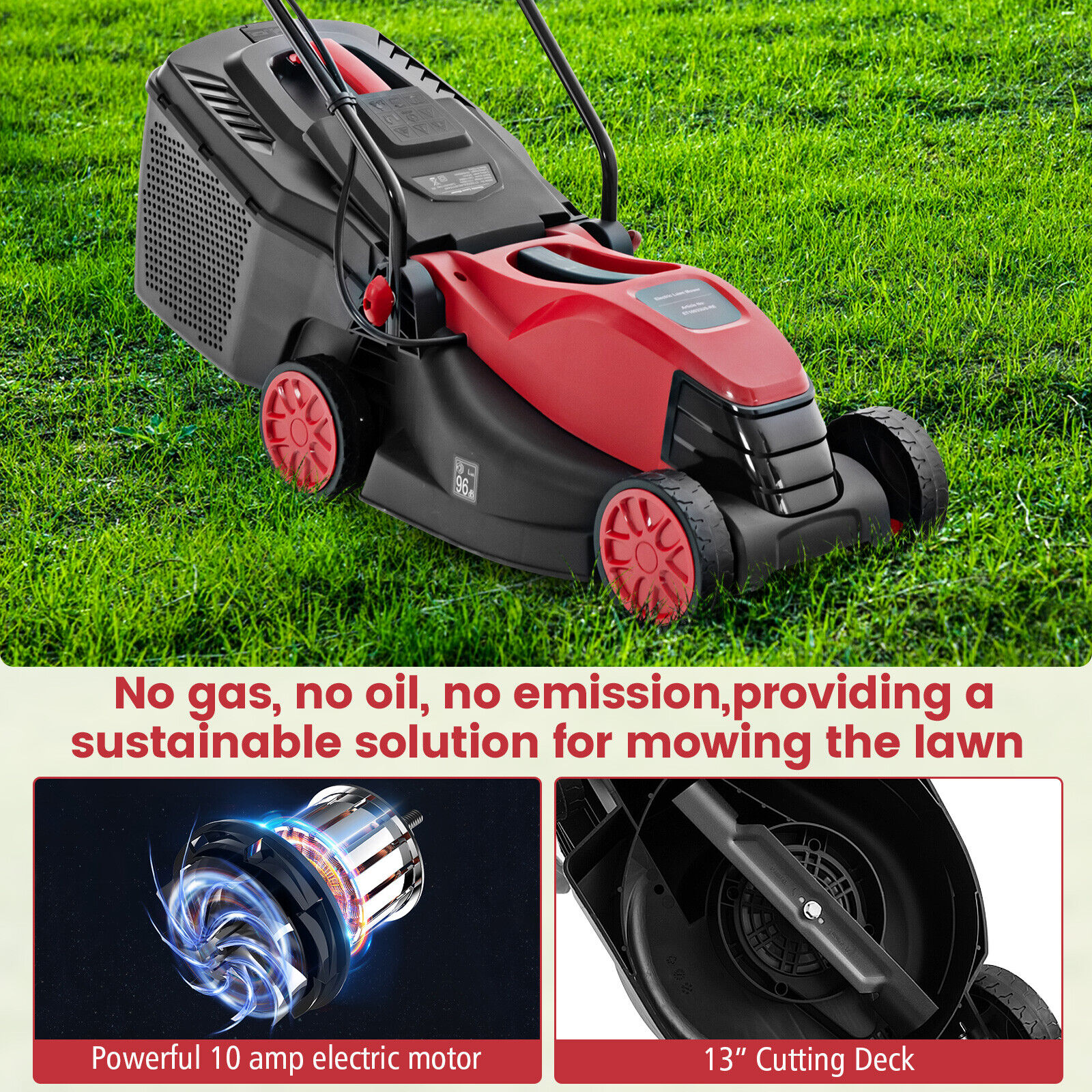 Electric Corded Lawn Mower 10-AMP 13-Inch Walk-Behind Lawnmower w/Collection Box