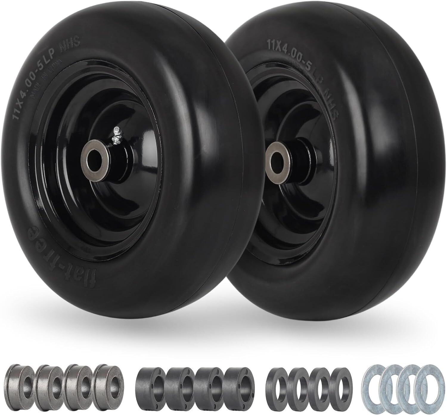 2 Pcs Durable 11x4.00-5” Flat Free Lawn Mower Tire & Wheel for Zero Turn Mowers