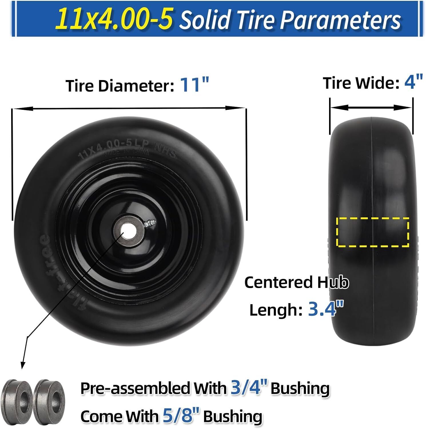 2 Pcs Durable 11x4.00-5” Flat Free Lawn Mower Tire & Wheel for Zero Turn Mowers
