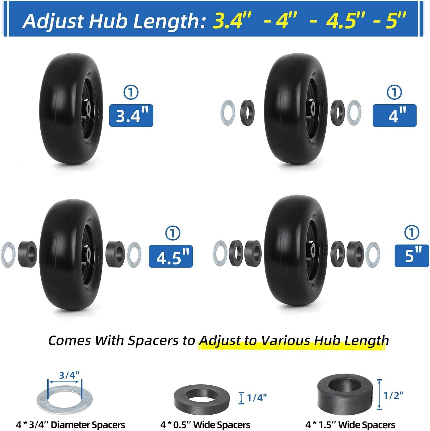 2 Pcs Durable 11x4.00-5” Flat Free Lawn Mower Tire & Wheel for Zero Turn Mowers