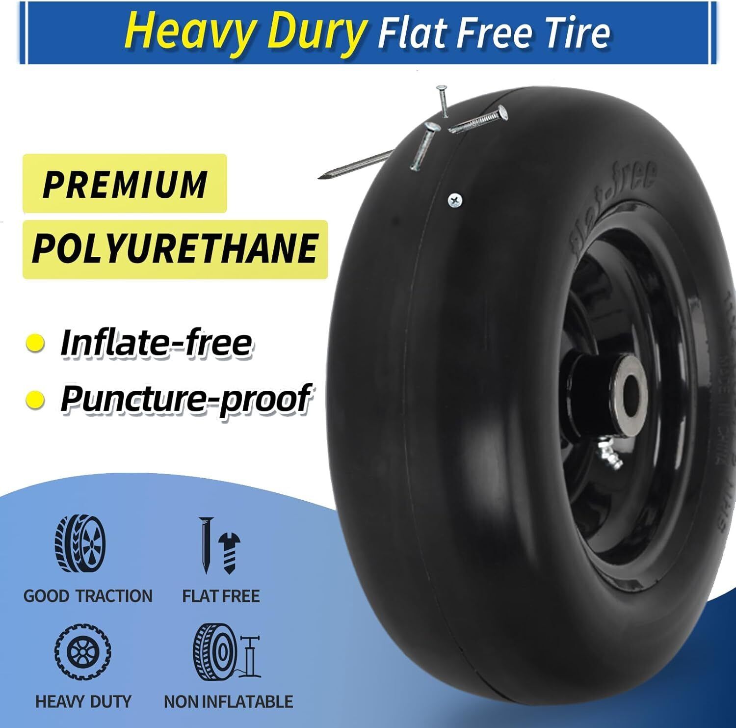 2 Pcs Durable 11x4.00-5” Flat Free Lawn Mower Tire & Wheel for Zero Turn Mowers