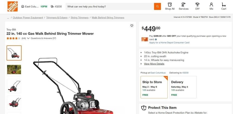 👨‍🌾 Troy-Bilt Walk Behind String Trimmer Mower, TB22TM 22 in. 140 cc Gas Red