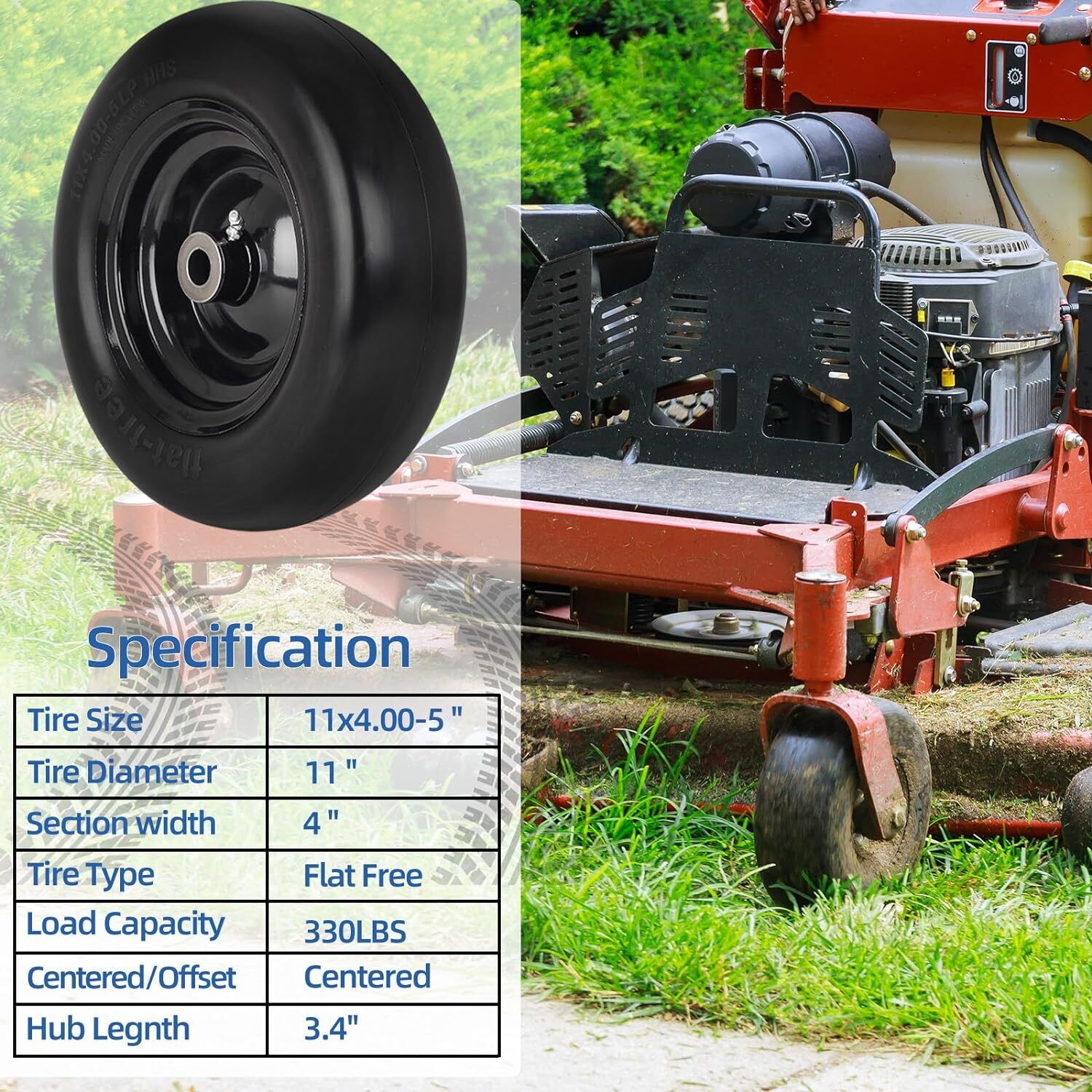 2 Pcs Durable 11x4.00-5” Flat Free Lawn Mower Tire & Wheel for Zero Turn Mowers