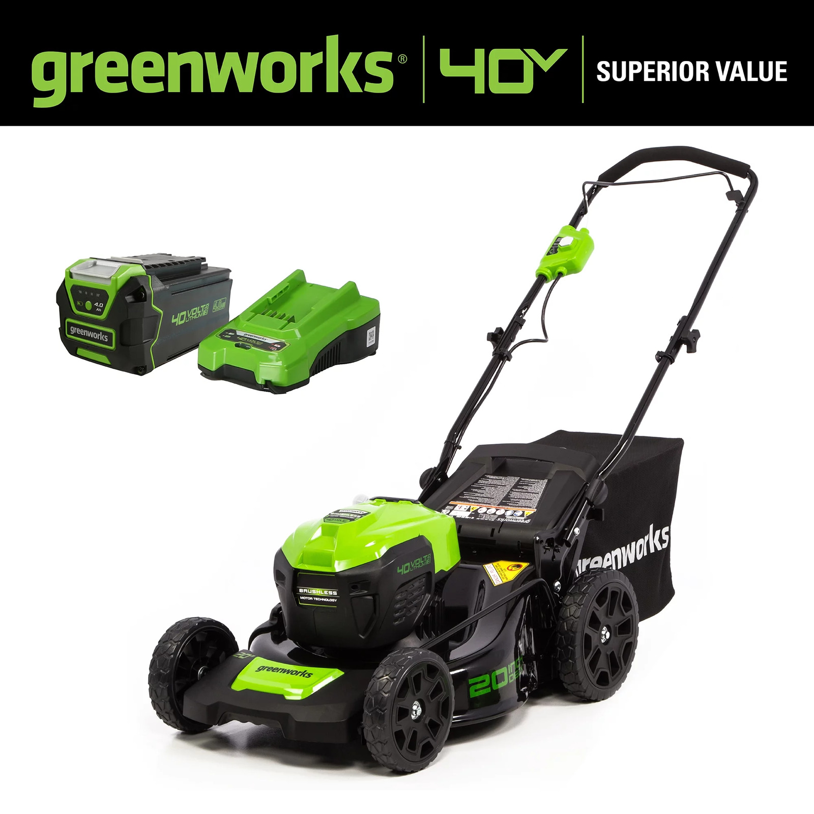 Greenworks Electric Lawn Push Mower 40V 20" with 4.0 Ah Battery & Quick Charger
