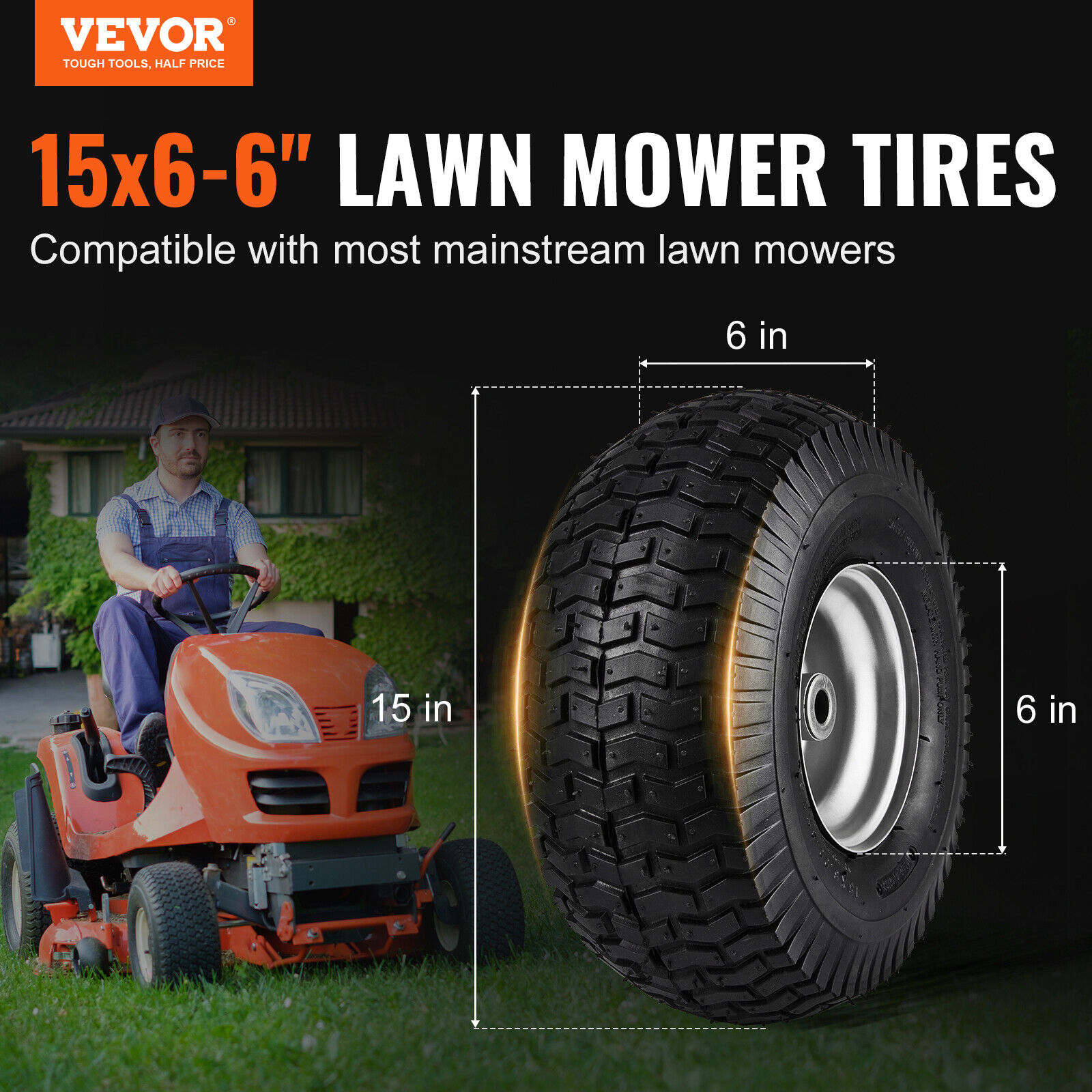 VEVOR Lawn Mower Tires 15x6-6" Lawn Tractor Tires 2-Pack Turf Pneumatic Tires