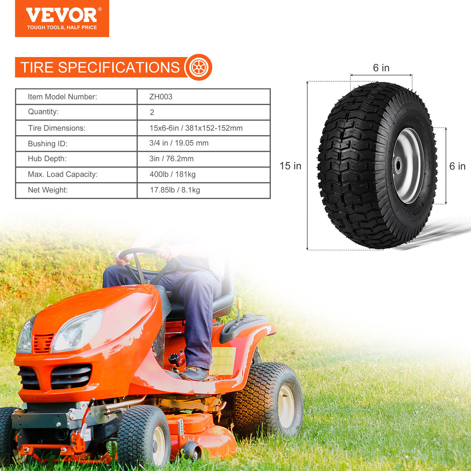 VEVOR Lawn Mower Tires 15x6-6" Lawn Tractor Tires 2-Pack Turf Pneumatic Tires