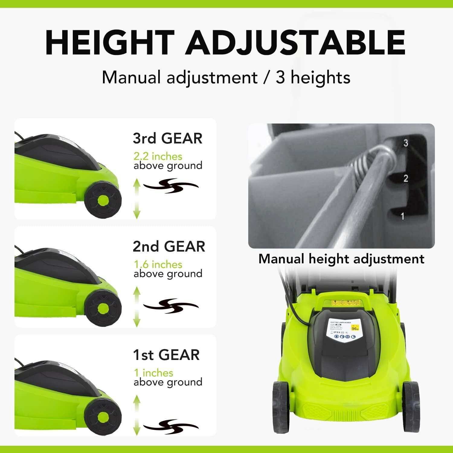 Electric Lawn Mower, 13-Inch 12 Amp Corded Push Mower with 3-Position Height