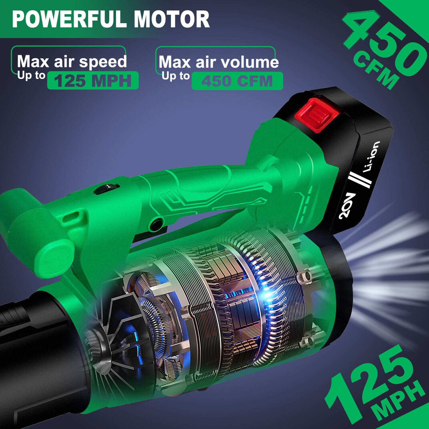 Tegatok 20V Cordles 450 CFM Leaf Blower Handheld Electric 125MPH Battery&Charger