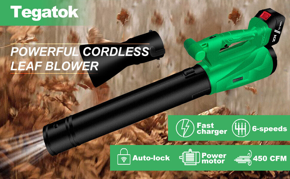 Tegatok 20V Cordles 450 CFM Leaf Blower Handheld Electric 125MPH Battery&Charger
