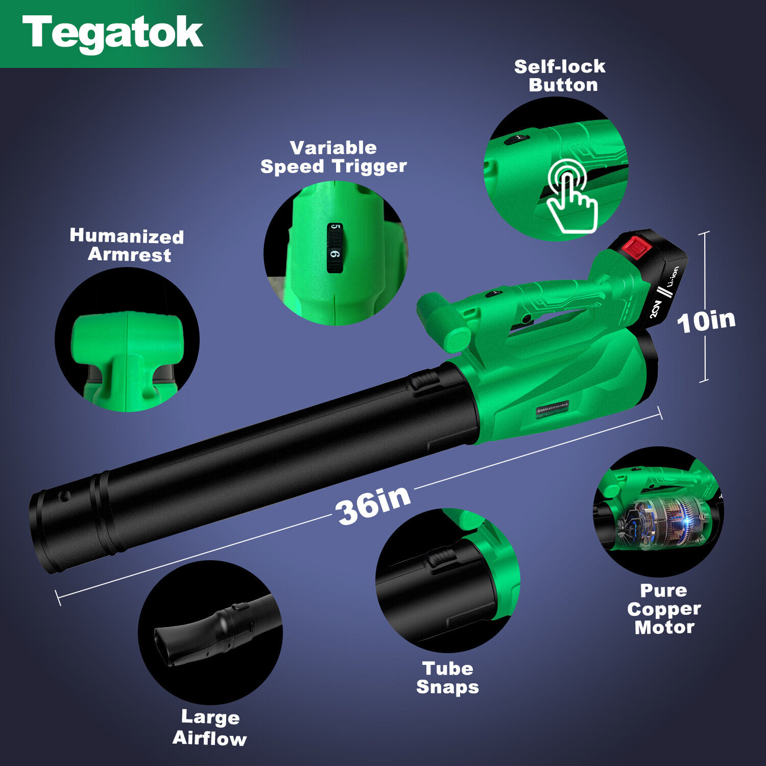 Tegatok 20V Cordles 450 CFM Leaf Blower Handheld Electric 125MPH Battery&Charger