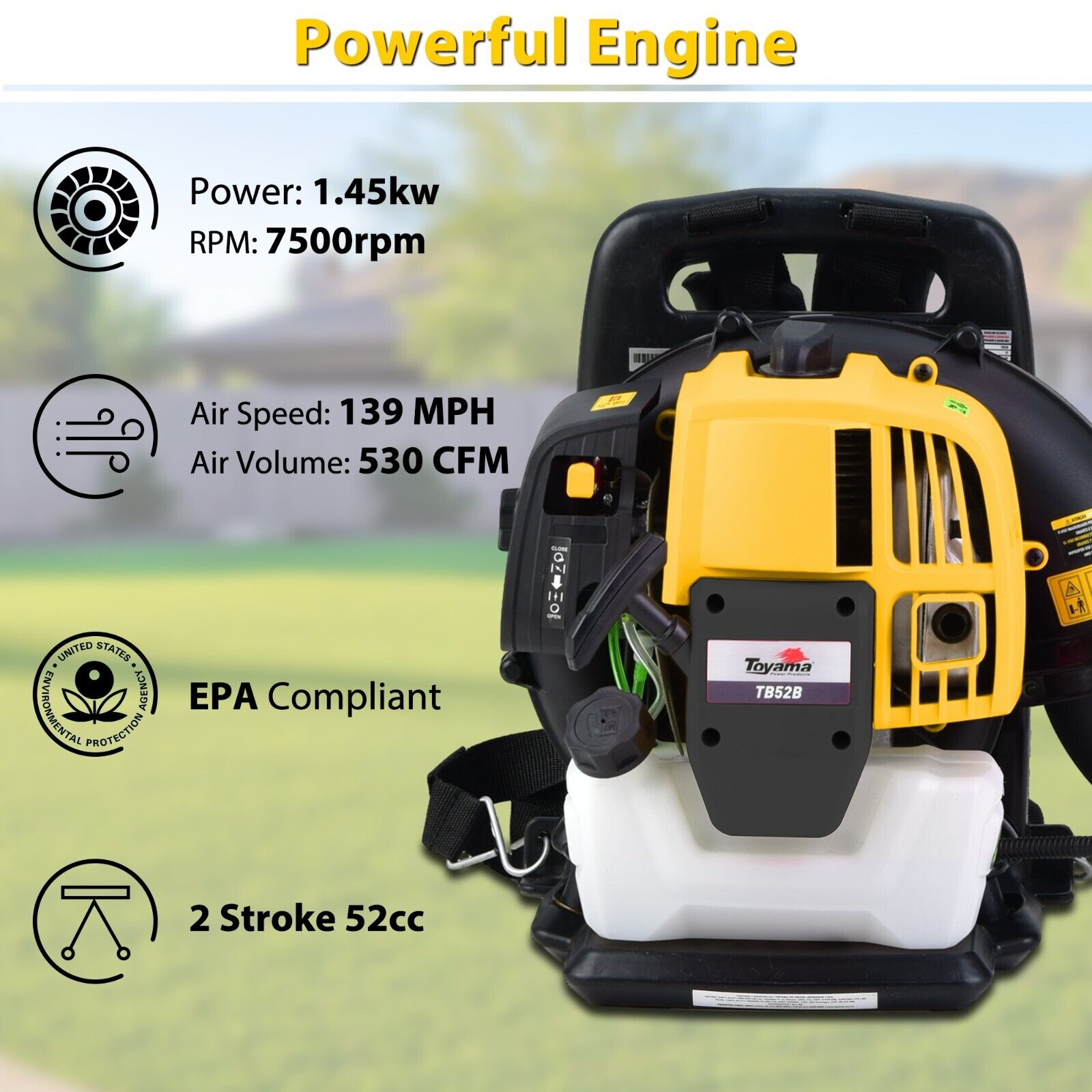 Backpack Leaf Blower Gas Powered Snow Blower 530CFM 52CC 2-Stroke