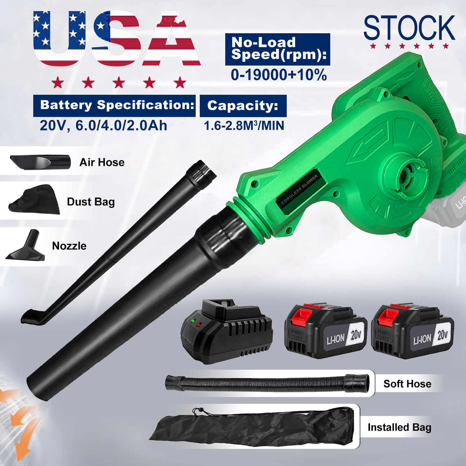 Tegatok Cordless 20V Leaf Blower Garden Dust Electric Vacuum 2 in 1 Cleaner New
