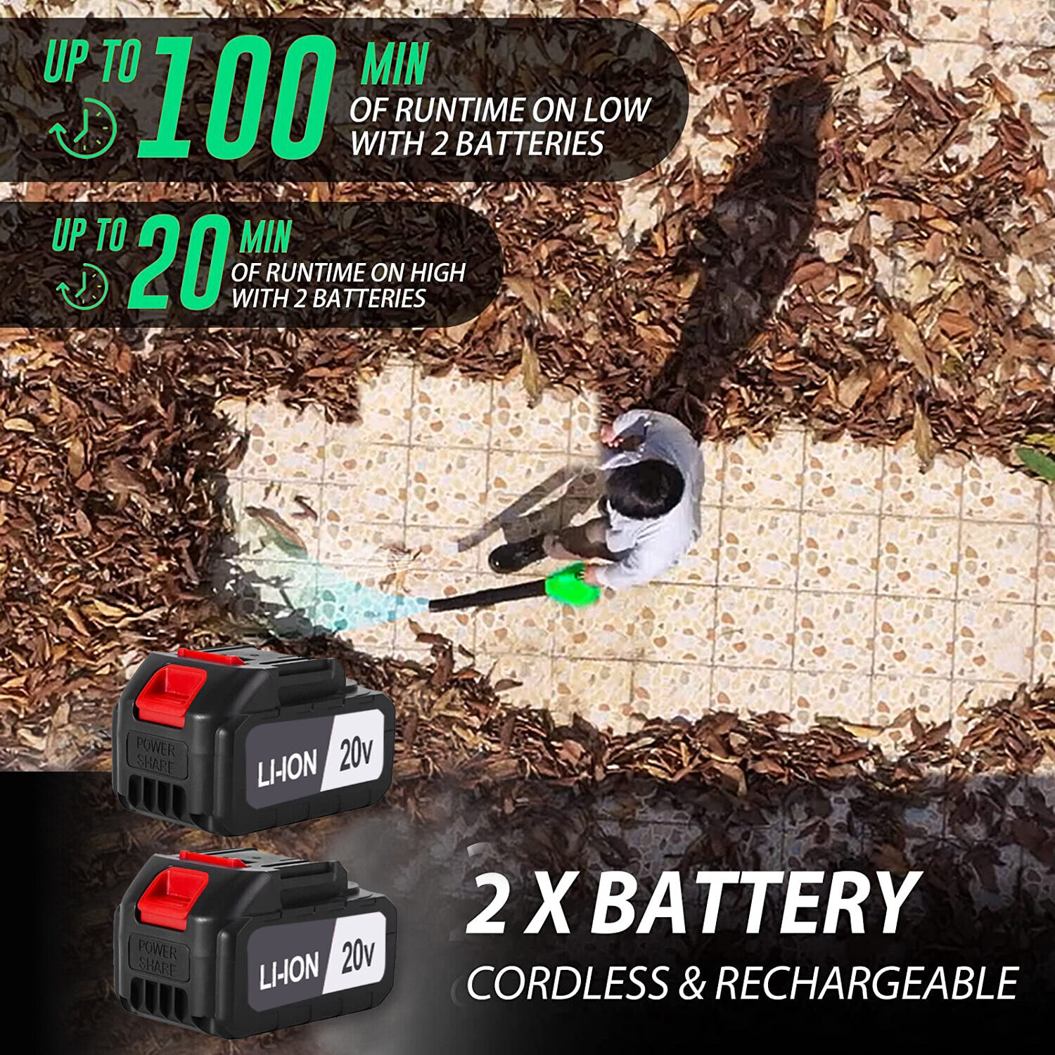 Tegatok Cordless 20V Leaf Blower Garden Dust Electric Vacuum 2 in 1 Cleaner New