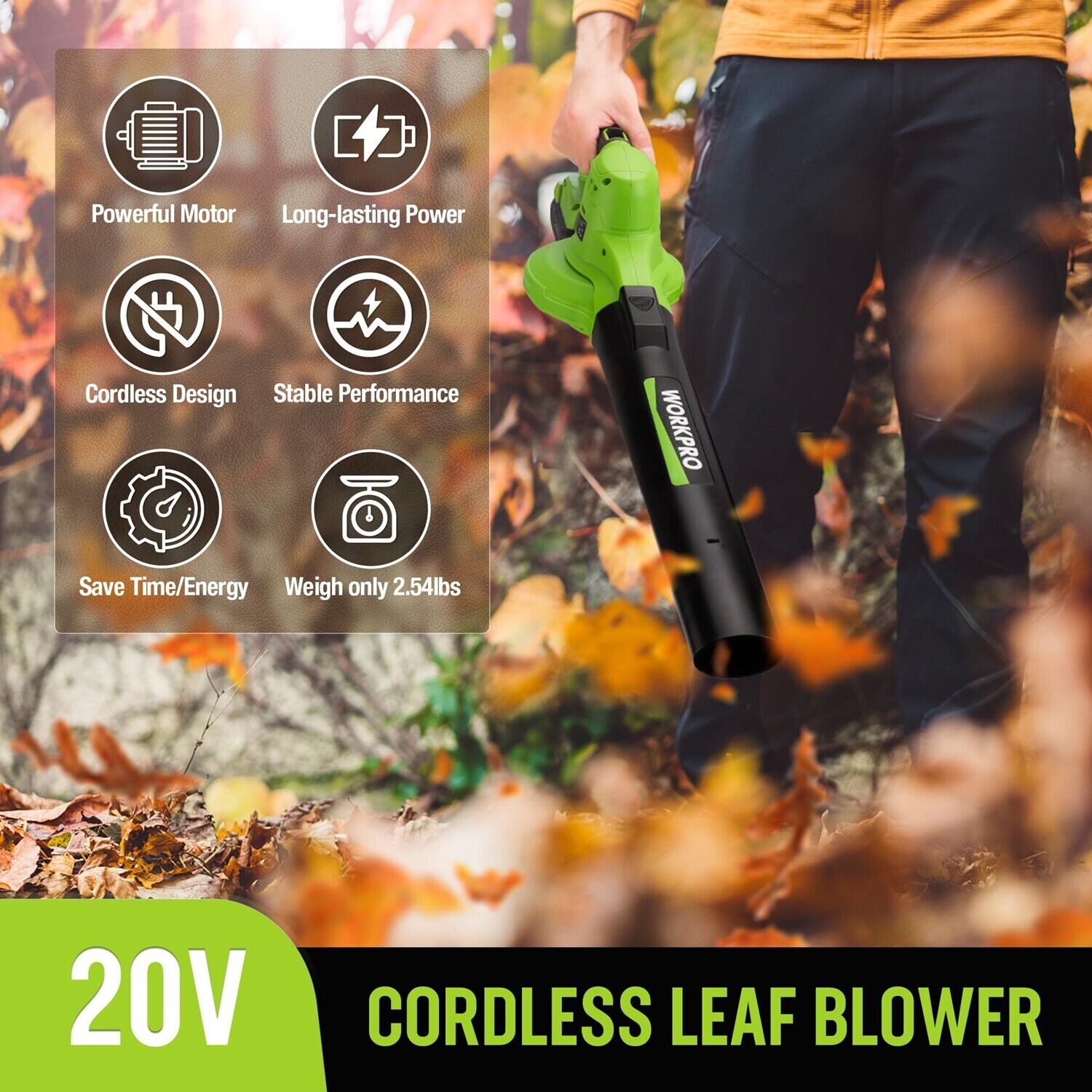 WORKPRO 20V Cordless Leaf Blower 2-Speeds Electric Leaf Blower W/Battery&Charger