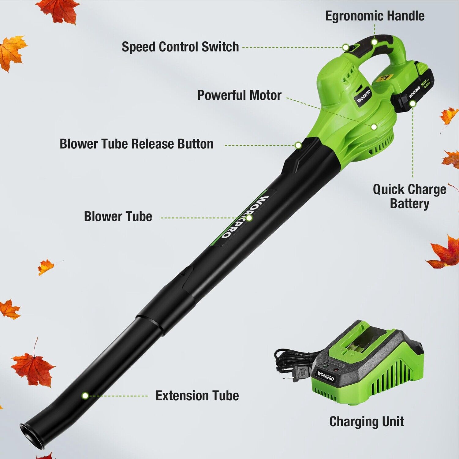WORKPRO 20V Cordless Leaf Blower 2-Speeds Electric Leaf Blower W/Battery&Charger