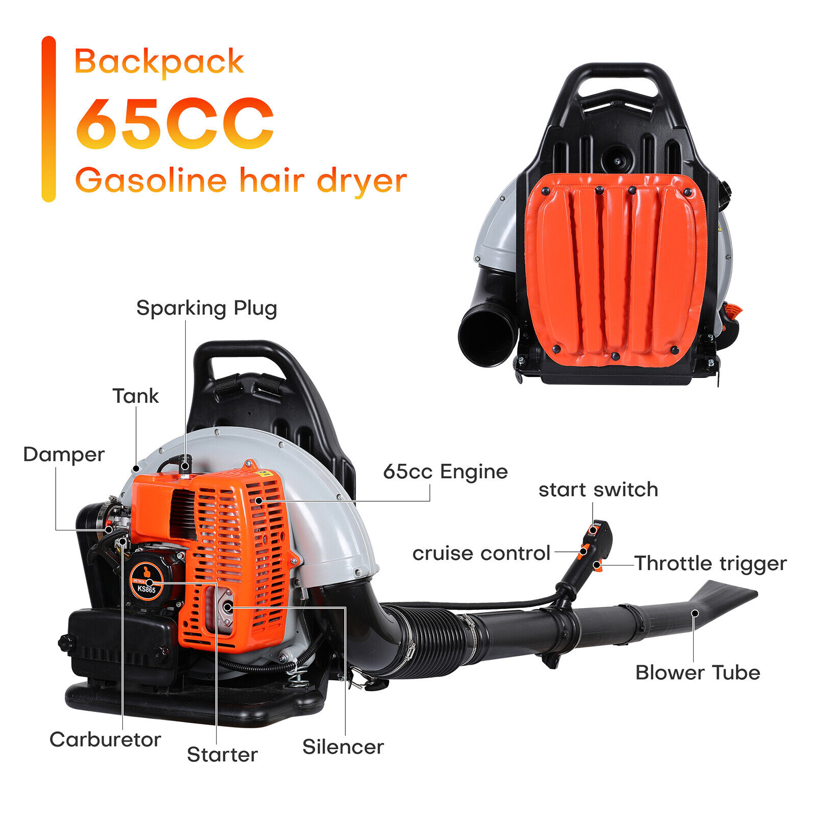 Backpack Leaf Blower Gas Powered Snow Blower 823CFM 300MPH 63CC 2-Stroke 3.6HP