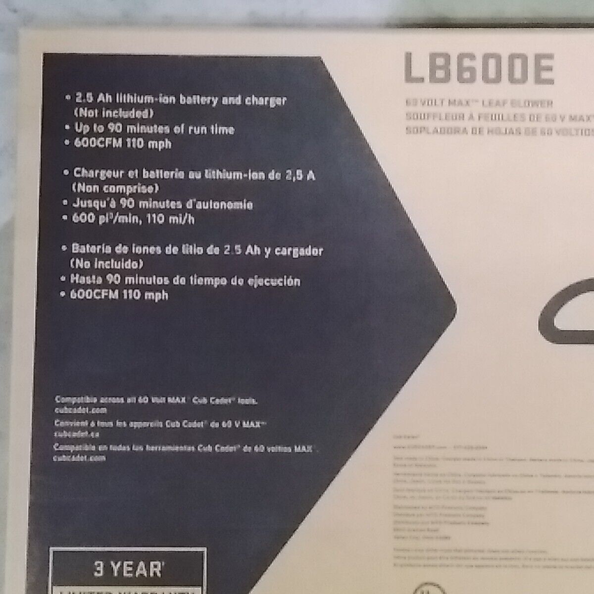 Cub Cadet LB600E 60V Volt Max Leaf Blower 600CFM 110MPH   *TOOL ONLY*