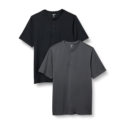 Amazon Essentials Men's Recycled Polyester Regular-Fit Short-Sleeve Quick-Dry Jersey Henley, Pack of 2, Charcoal/Black, Large