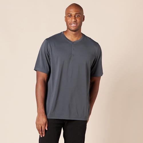 Amazon Essentials Men's Recycled Polyester Regular-Fit Short-Sleeve Quick-Dry Jersey Henley, Pack of 2, Charcoal/Black, Large