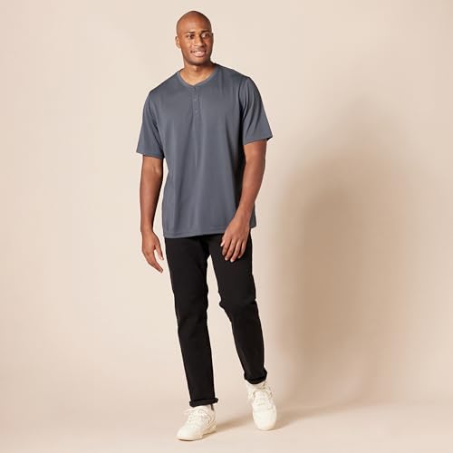 Amazon Essentials Men's Recycled Polyester Regular-Fit Short-Sleeve Quick-Dry Jersey Henley, Pack of 2, Charcoal/Black, Large